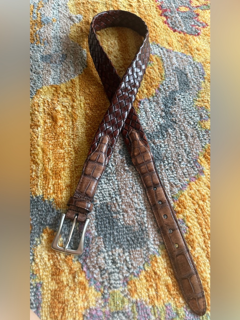 Vintage Woven Chestnut Leather and Alligator Belt 41”